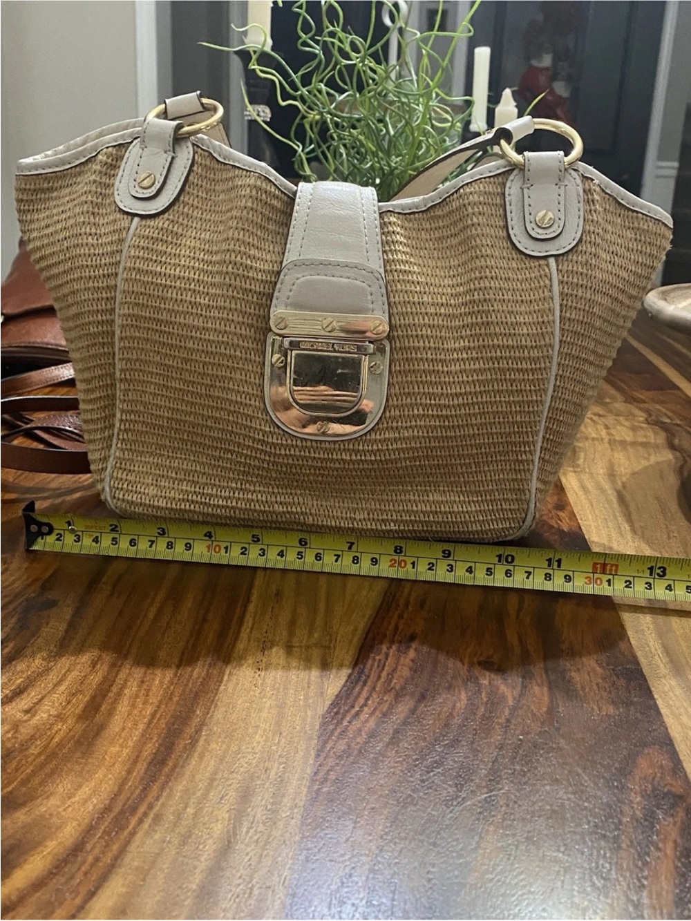 Michael Kors Straw Shoulder Bag in Tan with White Trim